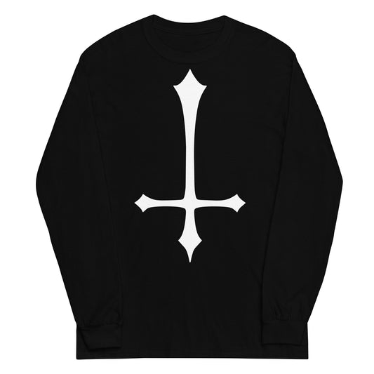 White Inverted Cross design on unisex long sleeve shirt, front view