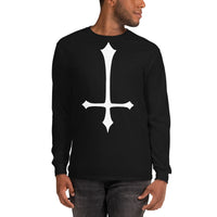 White Inverted Cross design on unisex long sleeve shirt, front view