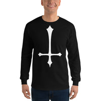 White Inverted Cross design on unisex long sleeve shirt, front view