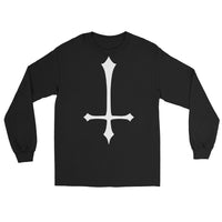 White Inverted Cross design on unisex long sleeve shirt, front view