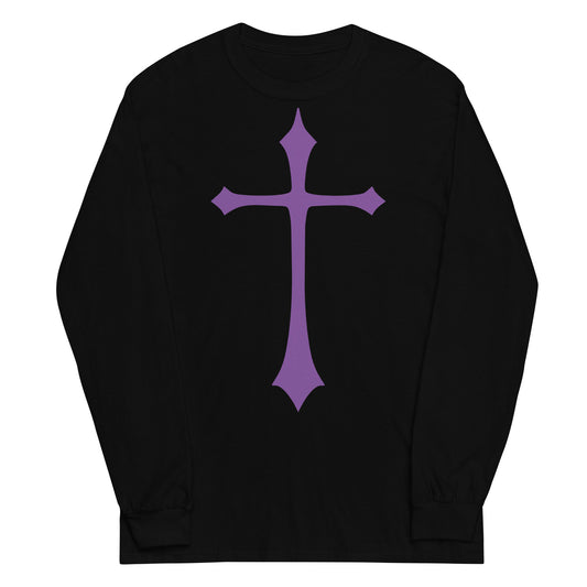 Purple Medieval Cross design on unisex long sleeve shirt, front view