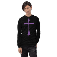 Purple Medieval Cross design on unisex long sleeve shirt, front view