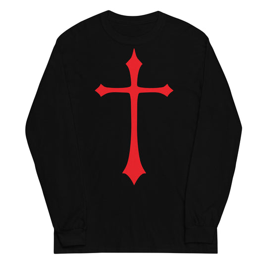 Red Medieval Cross design on unisex long sleeve shirt, front view