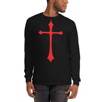 Red Medieval Cross design on unisex long sleeve shirt, front view