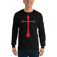 Red Medieval Cross design on unisex long sleeve shirt, front view