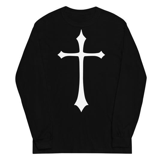 White Medieval Cross design on unisex long sleeve shirt, front view