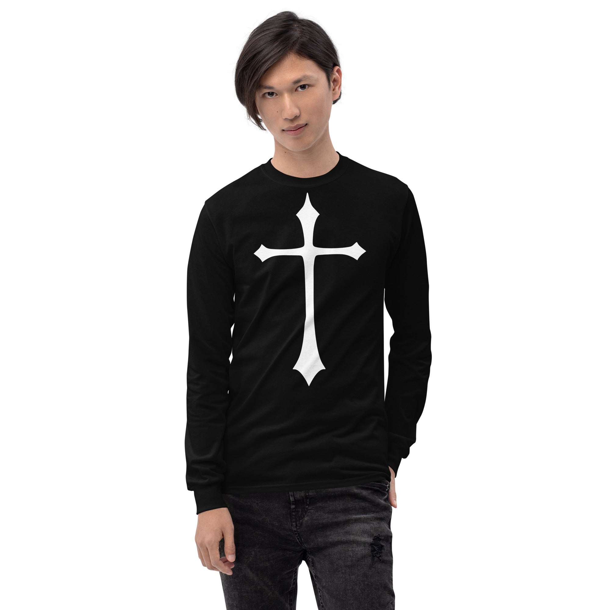 White Gothic Medeival Holy Cross Long Sleeve Shirt
