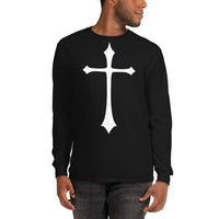 White Medieval Cross design on unisex long sleeve shirt, front view