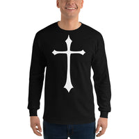 White Medieval Cross design on unisex long sleeve shirt, front view