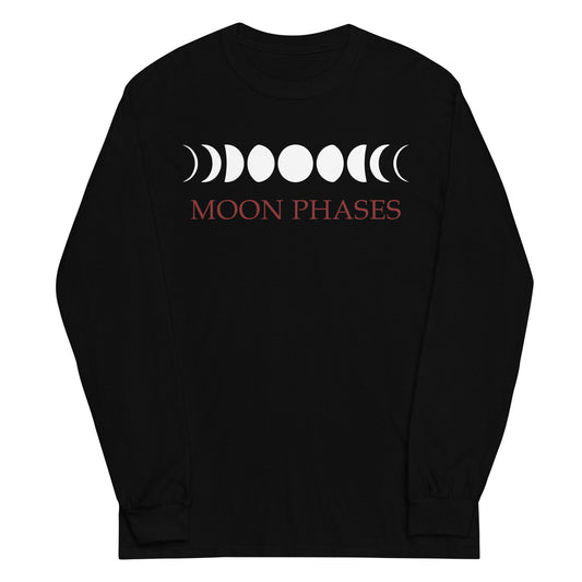 Lunar Moon Phases design on unisex long sleeve shirt, front view