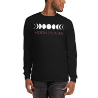 Lunar Moon Phases design on unisex long sleeve shirt, front view