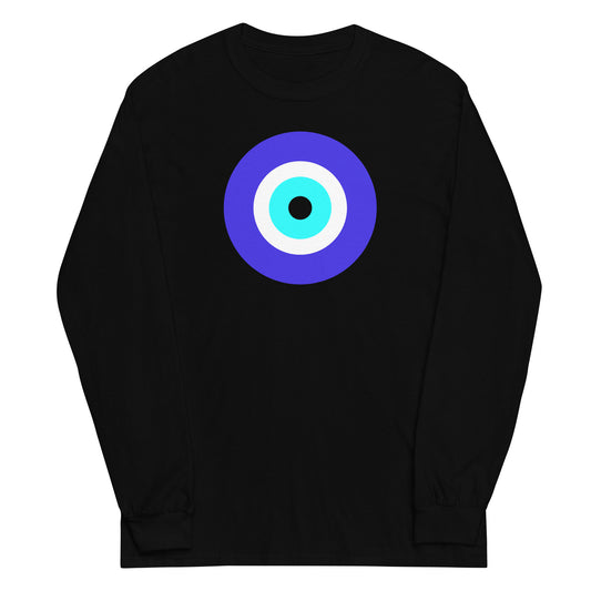 Classic Evil Eye design on unisex long sleeve shirt, front view