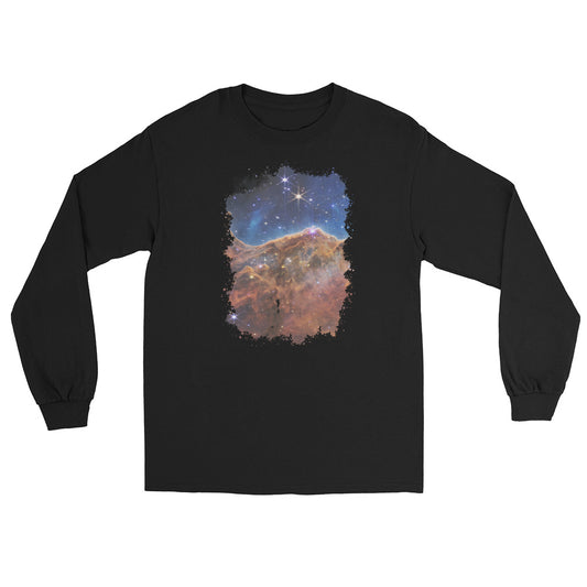 Carina Nebula JWST design on unisex long sleeve shirt, front view