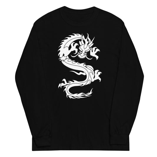 Ancient Chinese Loong Dragon design on unisex long sleeve shirt, front view