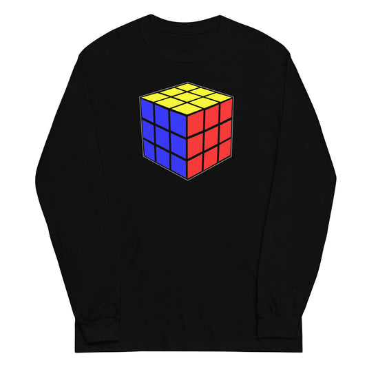 Magic Speed Cube design on unisex long sleeve shirt, front view