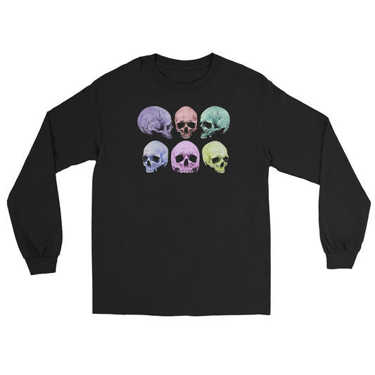 Pastel Death Skulls design on unisex long sleeve shirt, front view