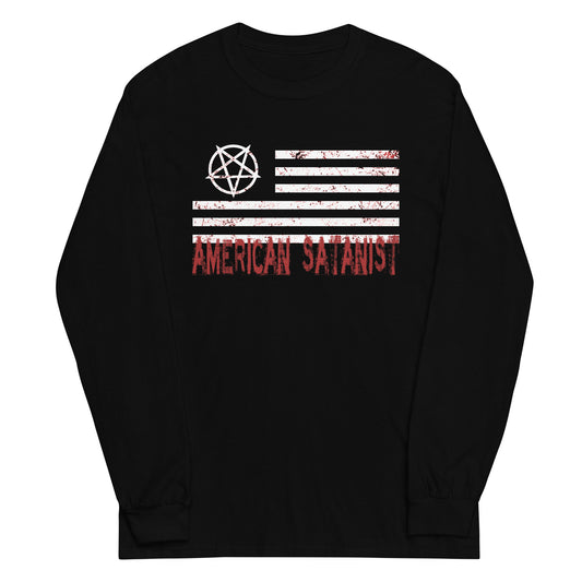 American Satanist Pentagram design on unisex long sleeve shirt, front view