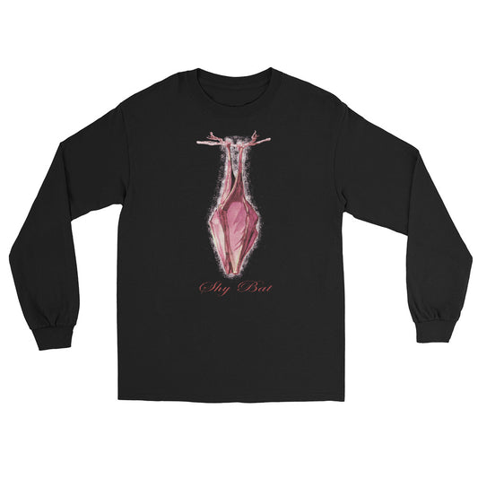 Shy Vampire Bat design on unisex long sleeve shirt, front view