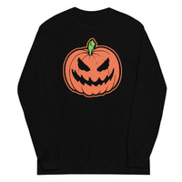 Scary Jack O' Lantern design on unisex long sleeve shirt, front view