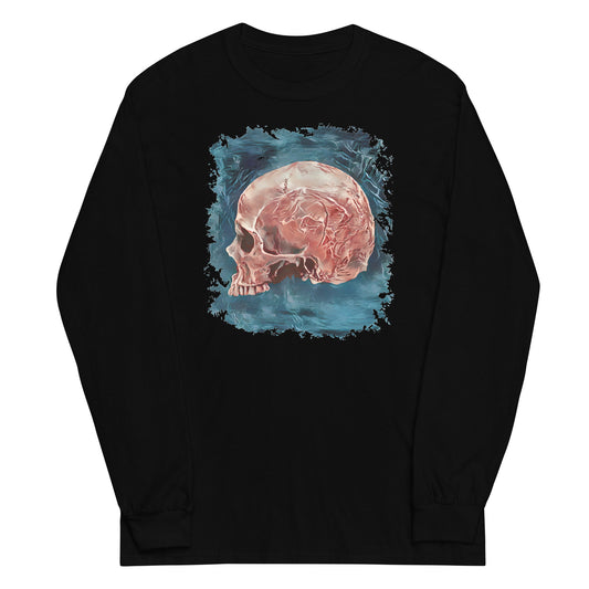 Mystical Blood Skull Side design on unisex long sleeve shirt, front view