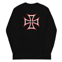 Red White Iron Cross design on unisex long sleeve shirt, front view