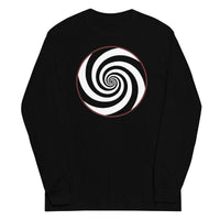 Hypnotic Spiral Illusion design on unisex long sleeve shirt, front view