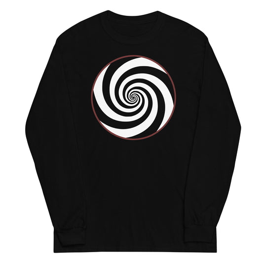Hypnotic Spiral Illusion design on unisex long sleeve shirt, front view