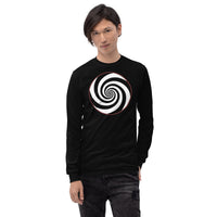 Hypnotic Spiral Illusion design on unisex long sleeve shirt, front view