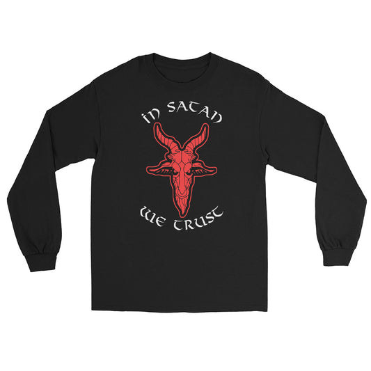 In Satan We Trust 666 Goat Head design on unisex long sleeve shirt, front view