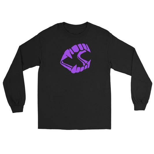 Purple Vampire Fangs design on unisex long sleeve shirt, front view