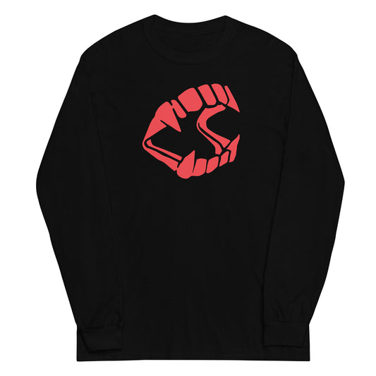 Red Vampire Fangs design on unisex long sleeve shirt, front view