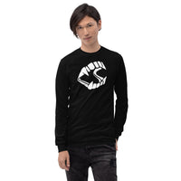 White Vampire Fangs design on unisex long sleeve shirt, front view