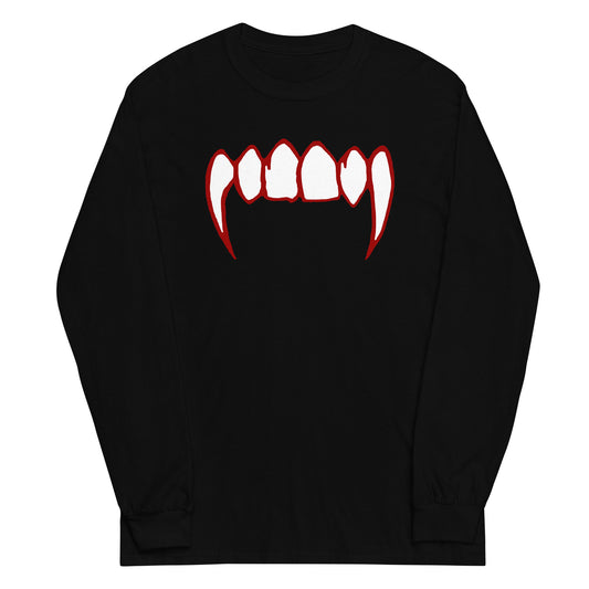 Bloody Vampire Fangs design on unisex long sleeve shirt, front view