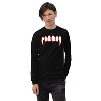 Bloody Vampire Fangs design on unisex long sleeve shirt, front view
