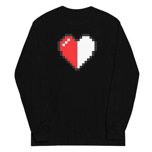 Pixel Half Heart design on unisex long sleeve shirt, front view