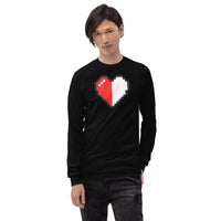 Pixel Half Heart design on unisex long sleeve shirt, front view
