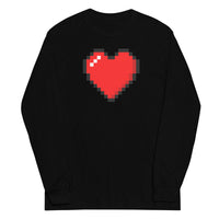 Pixel Heart design on unisex long sleeve shirt, front view