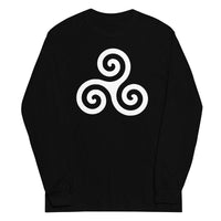 White Triskelion design on unisex long sleeve shirt, front view