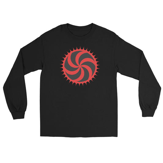 Red Deadly Swirl design on unisex long sleeve shirt, front view