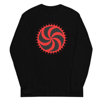 Red Deadly Swirl design on unisex long sleeve shirt, front view