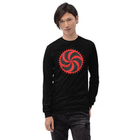 Red Deadly Swirl design on unisex long sleeve shirt, front view
