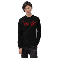Red Falling Sparrows design on unisex long sleeve shirt, front view