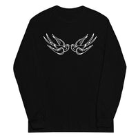 White Falling Sparrows design on unisex long sleeve shirt, front view