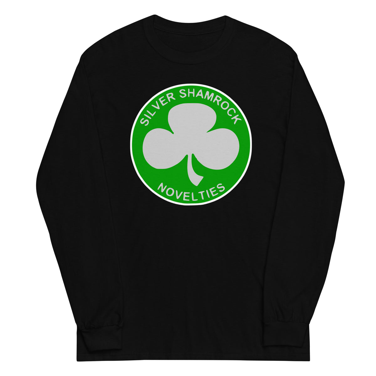 Silver Shamrock Novelties design on unisex long sleeve shirt, front view