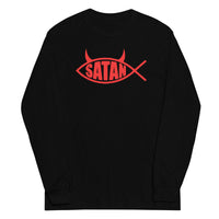 Red Satan Fish design on unisex long sleeve shirt, front view
