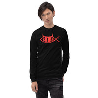 Red Satan Fish design on unisex long sleeve shirt, front view