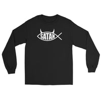 White Satan Fish design on unisex long sleeve shirt, front view