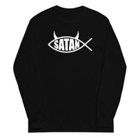 White Satan Fish design on unisex long sleeve shirt, front view
