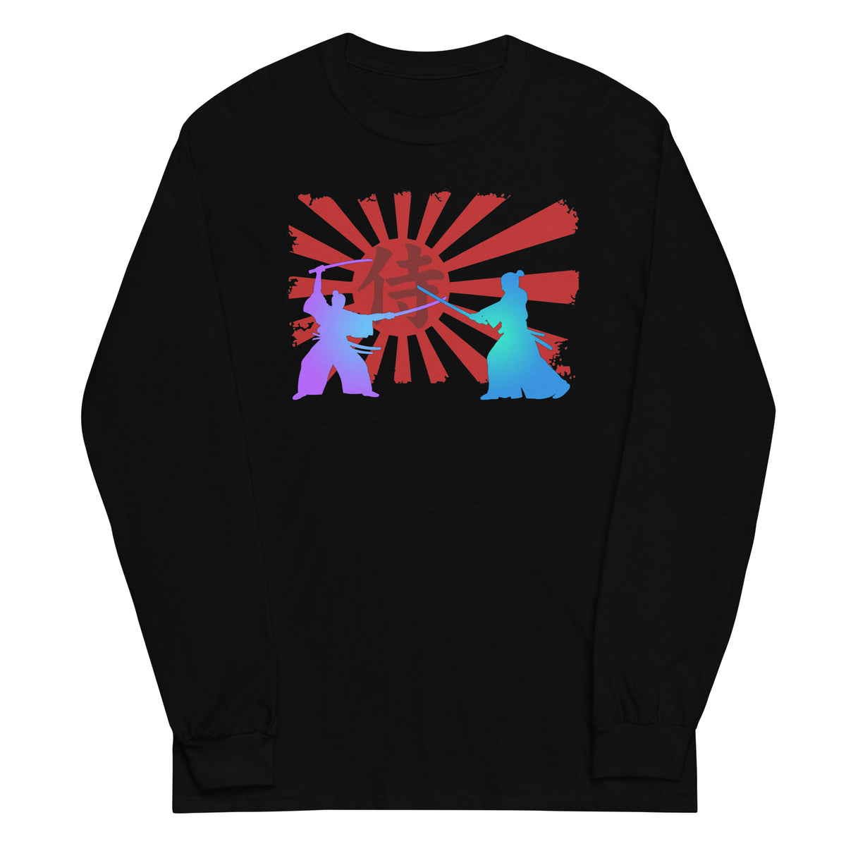 Samurai Duel Rising Sun design on unisex long sleeve shirt, front view