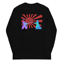 Samurai Duel Rising Sun design on unisex long sleeve shirt, front view
